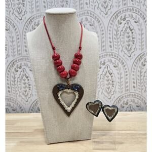 Vintage Artisan Kitsch Chunky Heart Pendant Red Beaded Necklace Earrings Set